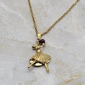 Mattel Barbie Pendant Necklace W/ Amethyst Heart Charm 17.5 Inch Gold Tone